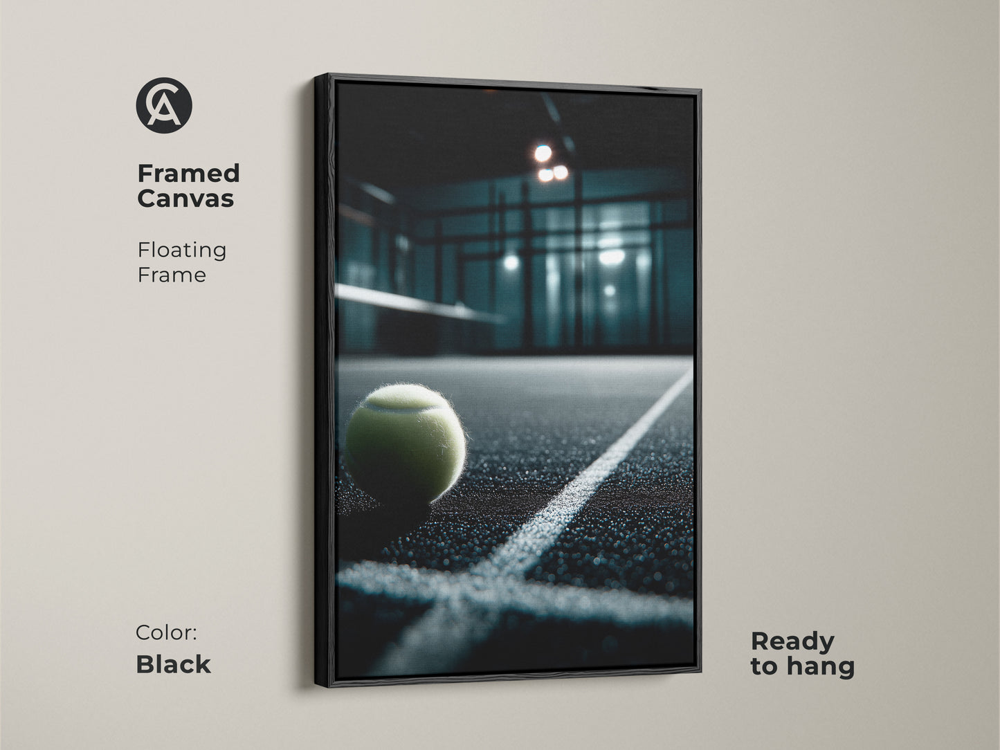 A black framed canvas showcases a padel tennis ball on the court. The floating frame enhances the modern feel of the artwork. Ready to hang this piece is perfect for adding a sporty accent to your home. Elevate your decor with this canvas art.