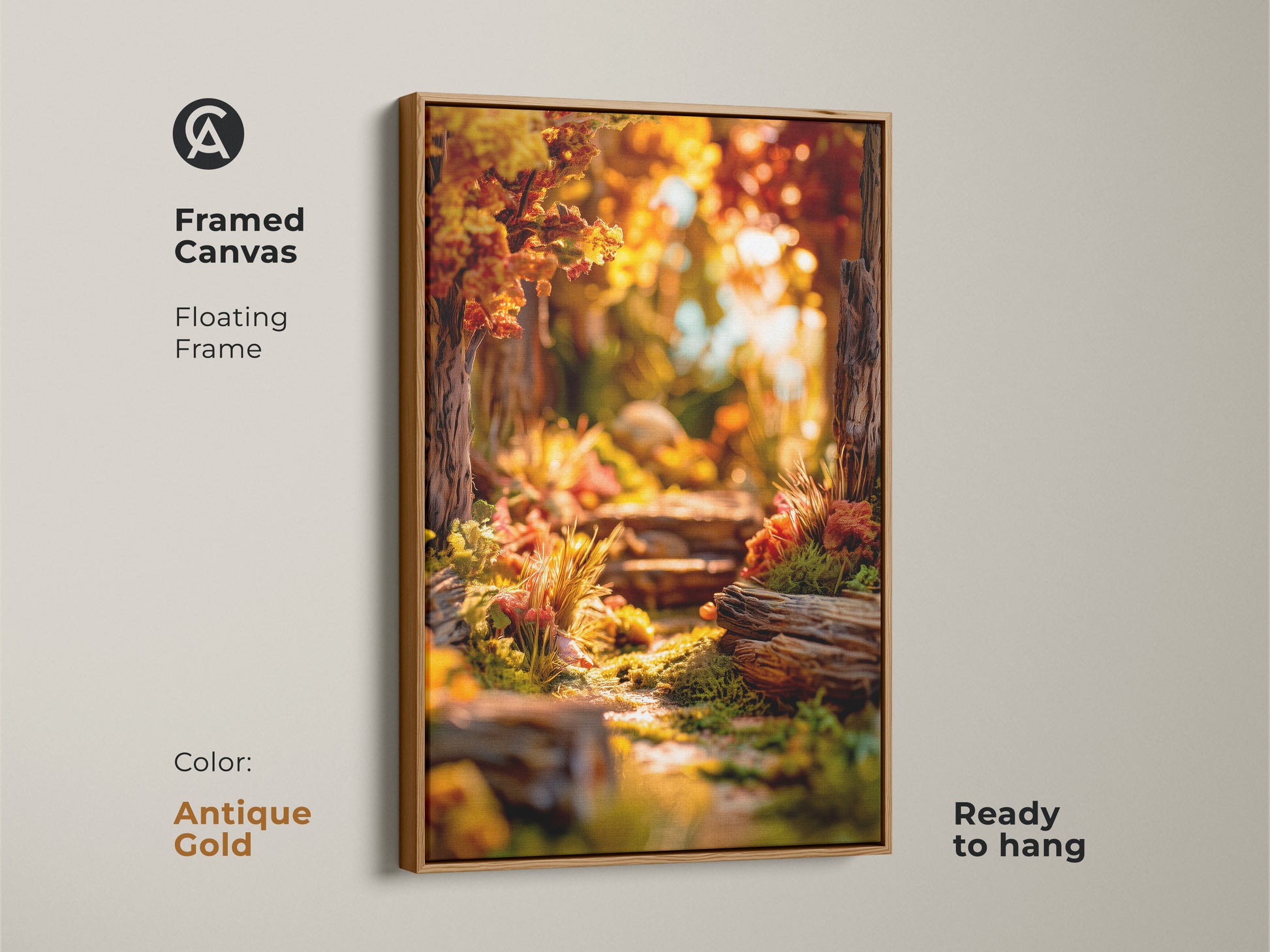 Framed canvas art print with floating frame in antique gold. Features a whimsical forest path. The ready-to-hang artwork adds elegance to your walls. This framed print enhances any room's aesthetic with natural beauty.