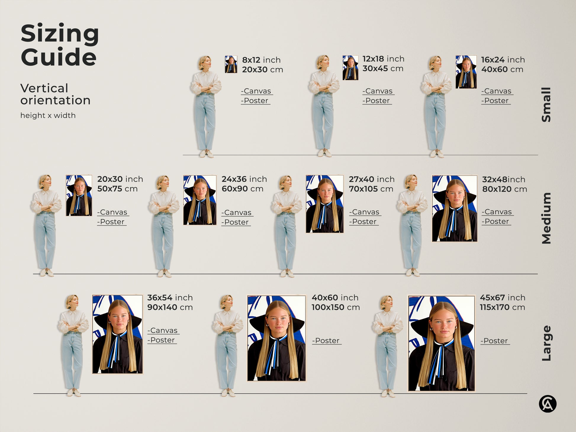 Sizing guide for vertical abstract woman canvas and poster art. Find the perfect fit from small to large sizes. Choose canvas or poster options. See how each size enhances your space with modern blue white black fashion. Ideal for bedroom or living room wall decor.