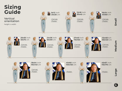 Sizing guide for vertical abstract woman canvas and poster art. Find the perfect fit from small to large sizes. Choose canvas or poster options. See how each size enhances your space with modern blue white black fashion. Ideal for bedroom or living room wall decor.