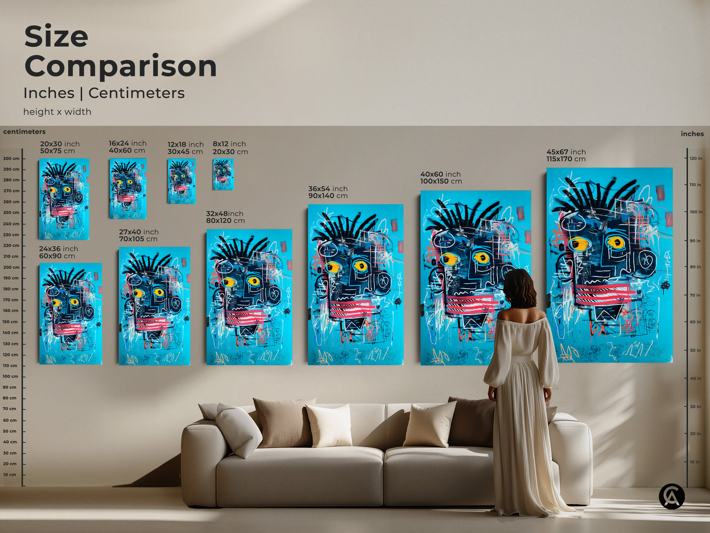 Size comparison of abstract face prints in inches and centimeters. See how each art fits above a sofa. Sizes range from small to large. Choose from canvas or poster prints. Eclectic turquoise blue and black graffiti art brings a modern touch. Great neo-expressionism decor.