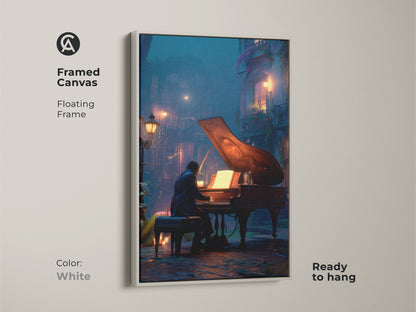 The white floating frame accentuates this nocturnal city art piece. It features a pianist playing on a rainy street. The framed canvas adds a clean elegant touch. Perfect as a gift or a unique piece of eclectic home decor. Shop now.