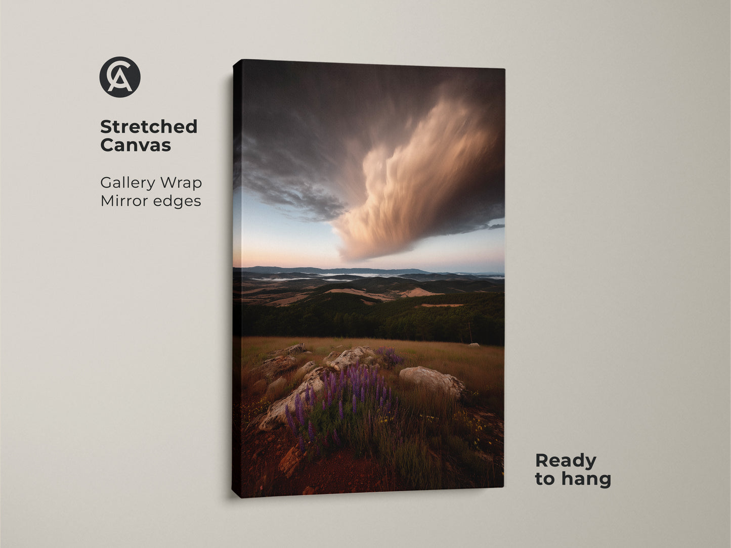Stretched canvas print showcases a stormy sky wildflower landscape. The gallery wrap with mirror edges creates a seamless look. Ready to hang. This nature scenery wall art will elevate your home decor.