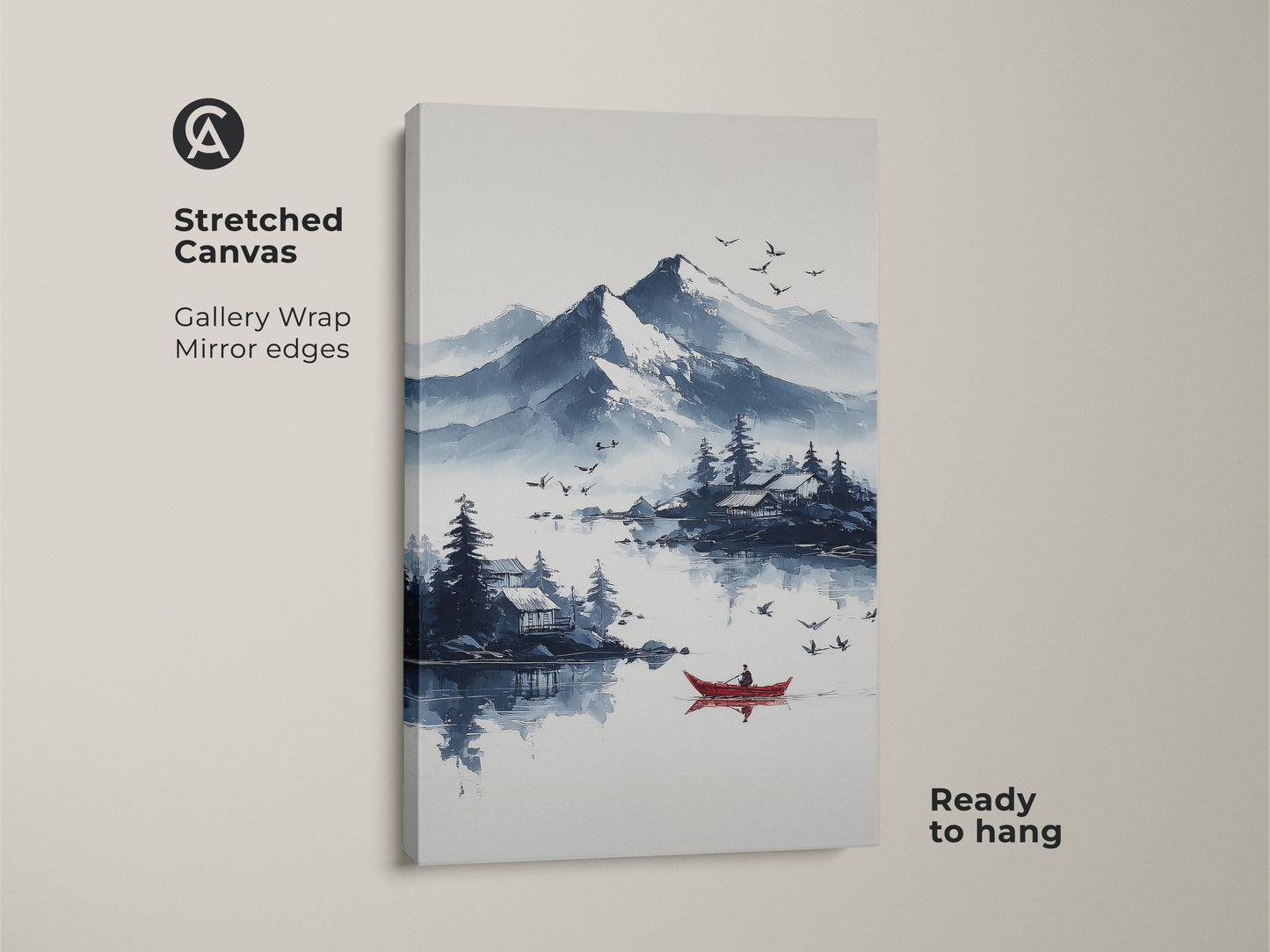 Stretched canvas featuring ink wash mountain art with a red boat on a lake. This Scandinavian landscape print offers blue and white mountain art. It's a peaceful nature wall art piece perfect for minimalist bedroom decor. The gallery wrap with mirror edges makes it ready to hang.