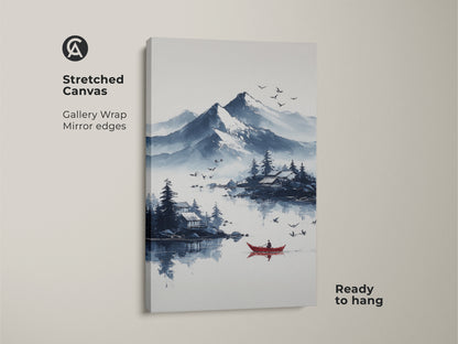 Stretched canvas featuring ink wash mountain art with a red boat on a lake. This Scandinavian landscape print offers blue and white mountain art. It's a peaceful nature wall art piece perfect for minimalist bedroom decor. The gallery wrap with mirror edges makes it ready to hang.