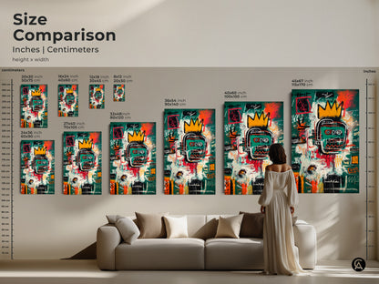 Size comparison of Basquiat-inspired art prints. Visualize how different sizes of the abstract portrait look in a living room. From small to large find the perfect canvas or poster to enhance your decor