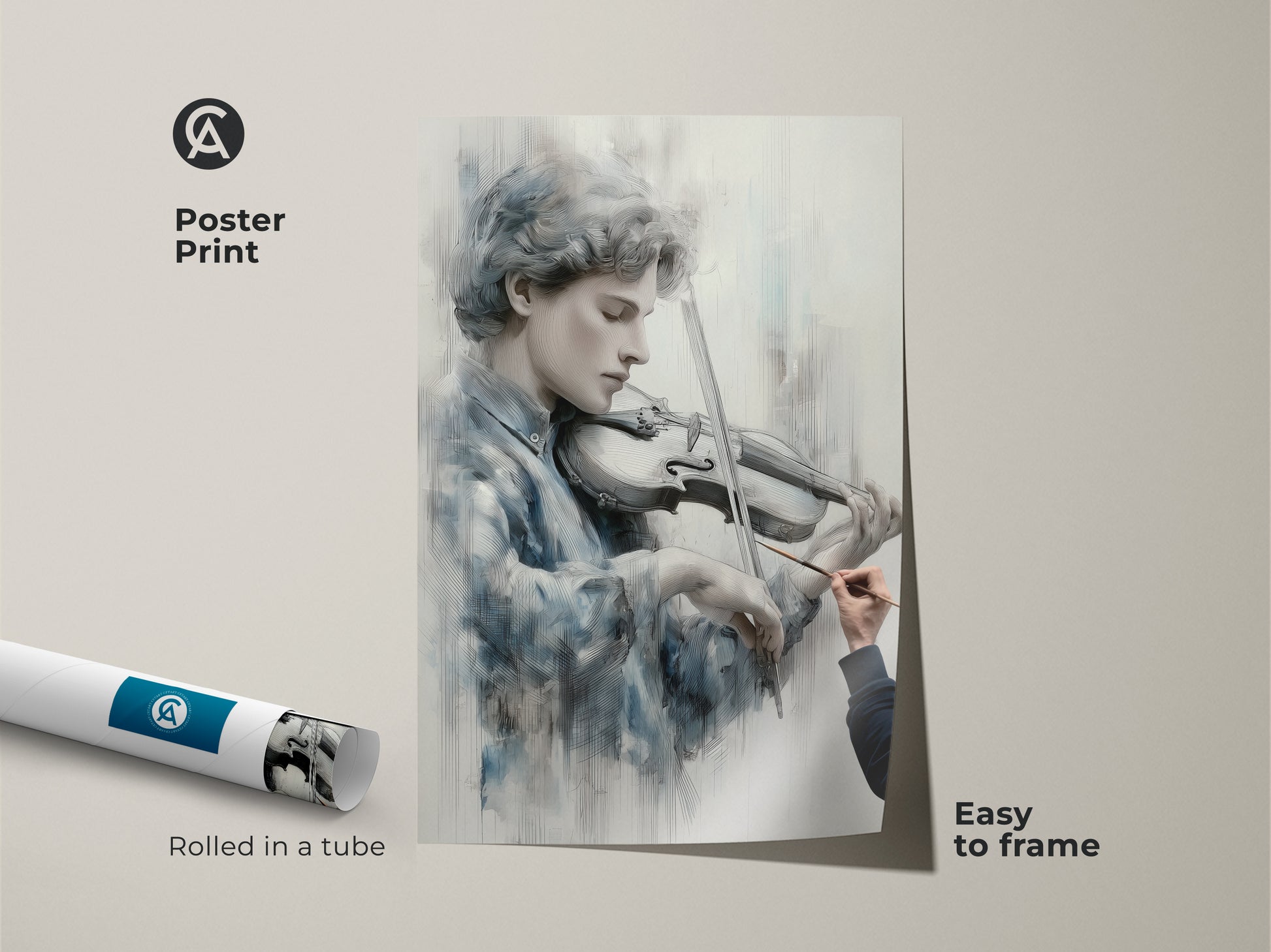 Poster print of a young man playing the violin rolled in a tube. This museum-quality artwork is easy to frame and display. The fine art print brings a touch of culture to any room. A perfect gift for musicians and art enthusiasts.