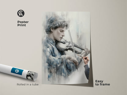 Poster print of a young man playing the violin rolled in a tube. This museum-quality artwork is easy to frame and display. The fine art print brings a touch of culture to any room. A perfect gift for musicians and art enthusiasts.