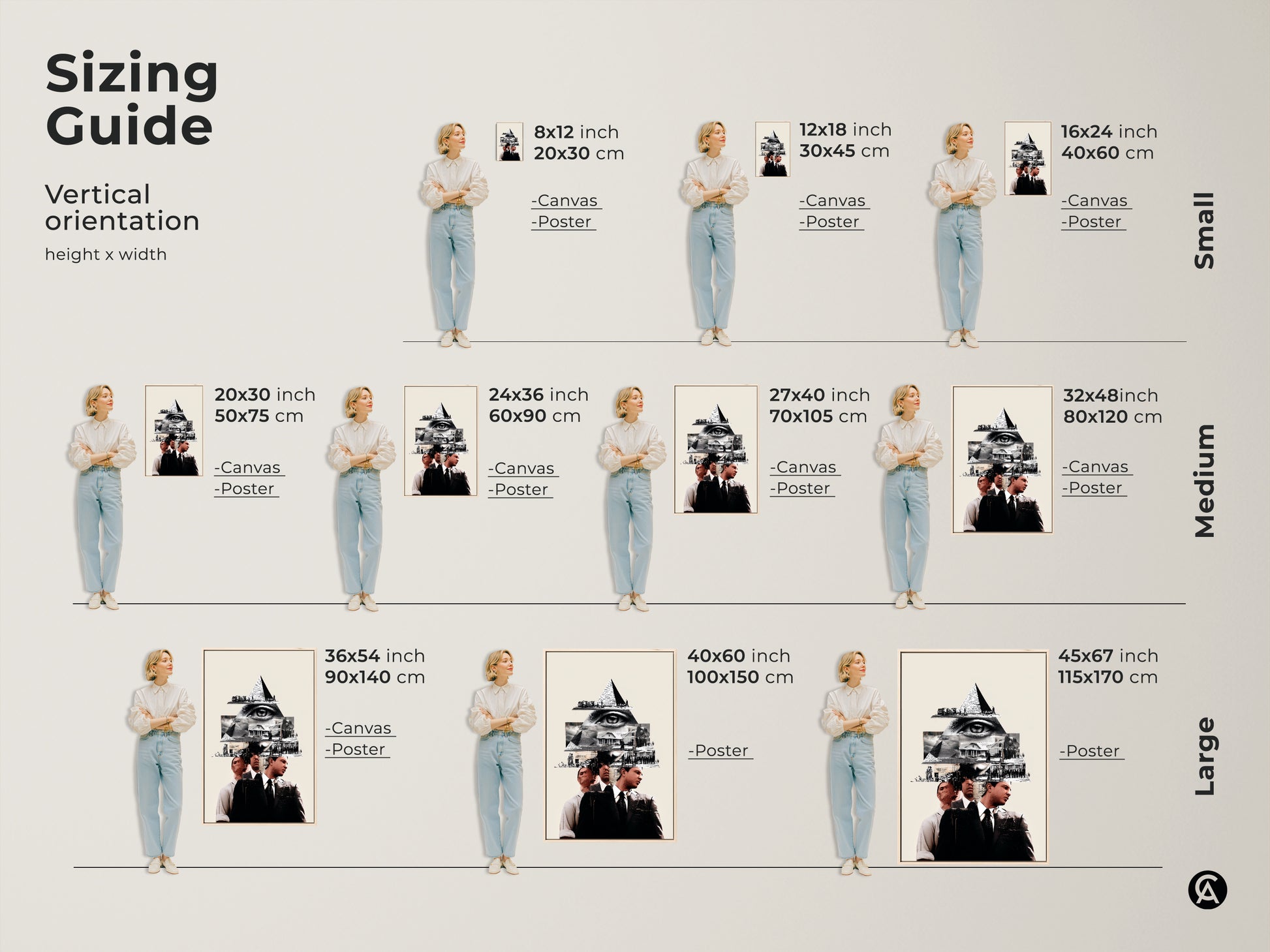Sizing Guide for the Vertical Monochrome Eye Pyramid Collage. Find the ideal fit for any space. Options range from small 8x12 to large 45x67 art pieces. This artwork looks good as a Canvas or Poster to create a great aesthetic in any space.