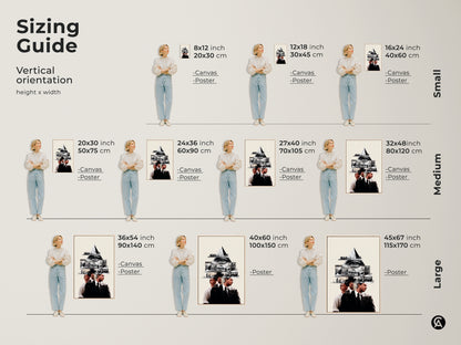 Sizing Guide for the Vertical Monochrome Eye Pyramid Collage. Find the ideal fit for any space. Options range from small 8x12 to large 45x67 art pieces. This artwork looks good as a Canvas or Poster to create a great aesthetic in any space.