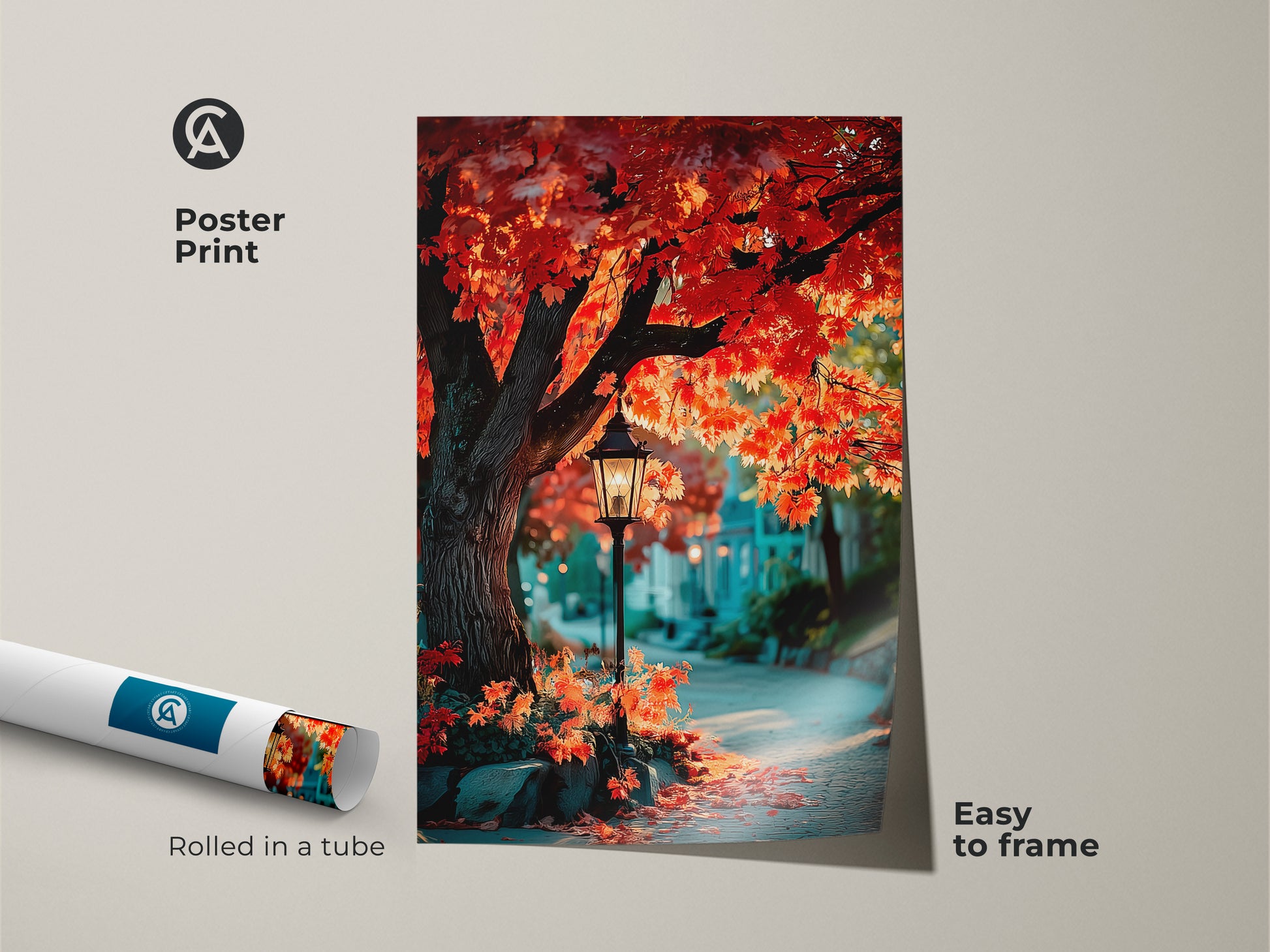Elevate your wall decor with this captivating poster print. The artwork displays a picturesque autumn street with a vibrant red maple tree and vintage street lamp. This easy-to-frame poster arrives rolled in a tube. It's perfect for adding a touch of seasonal charm to your home.