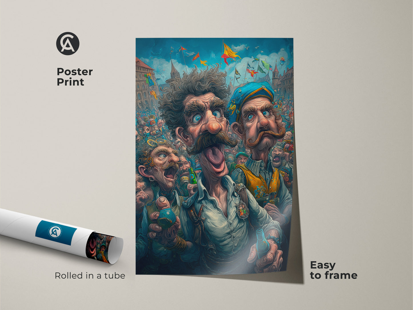 Poster print displaying a bustling festival artwork. The image features three expressive men amidst a lively crowd. This museum-quality paper print is easy to frame. Rolled in a tube for protection this poster is perfect for art enthusiasts.