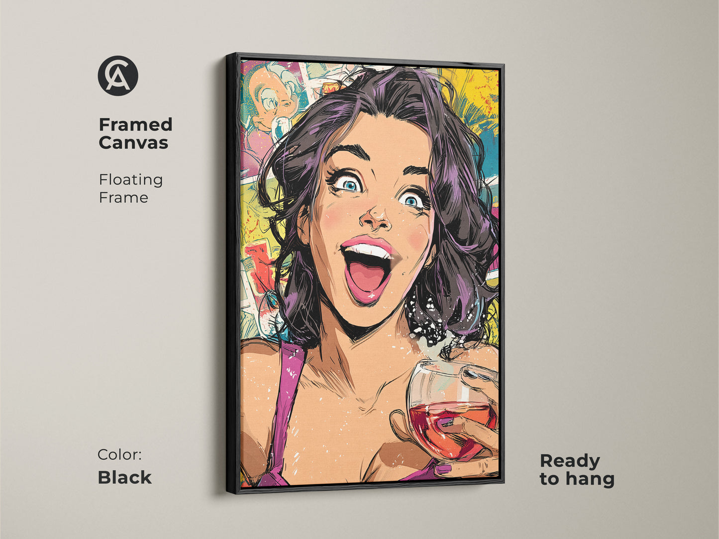 Black framed canvas of woman with wine glass pop art. Ready to hang this modern figurative art adds a touch of celebration. The colors are vibrant yellow pink and teal. A perfect gift for birthday girl or wine lover.