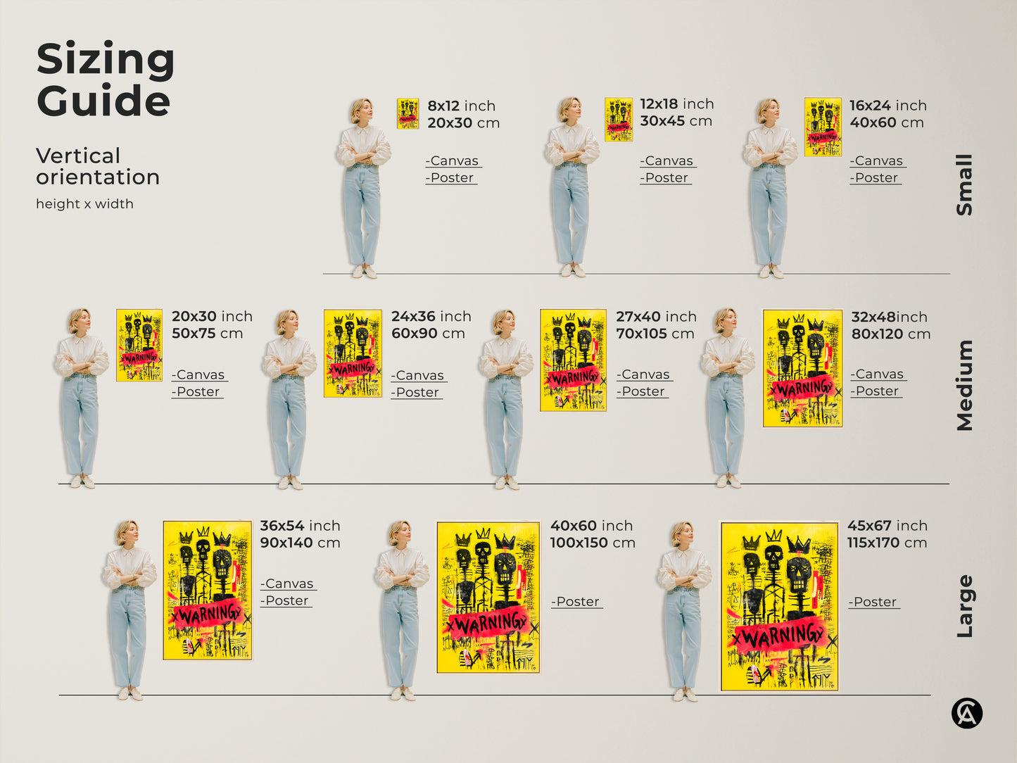 Sizing Guide for Vertical orientation of Skull Art Print. Choose between Canvas or Poster. Available in sizes Small Medium & Large. Sizes range from 8x12 inch to 45x67 inch. Perfect for any space.