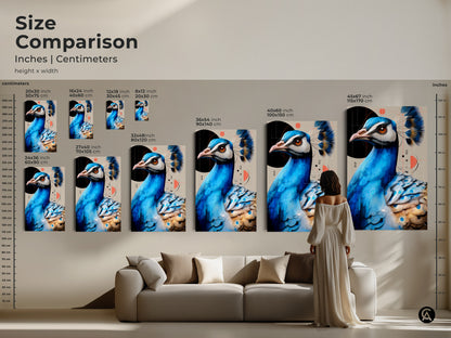 Size comparison of the blue teal peacock prints. Artwork sizes range from small to extra-large. See how the art will look above a couch. Envision the art in your home.