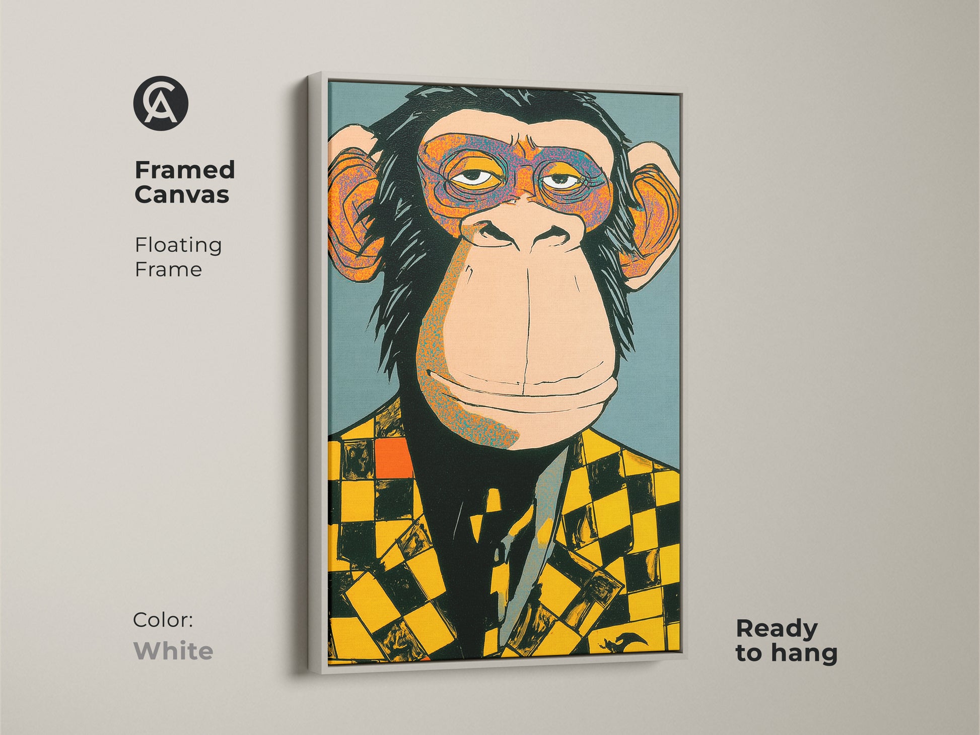 Framed canvas showcasing a monkey in a checker blazer with a clean white floating frame. The art is ready to hang and instantly brighten your decor. This art piece combines modern style with playful personality. A great addition to any contemporary space.