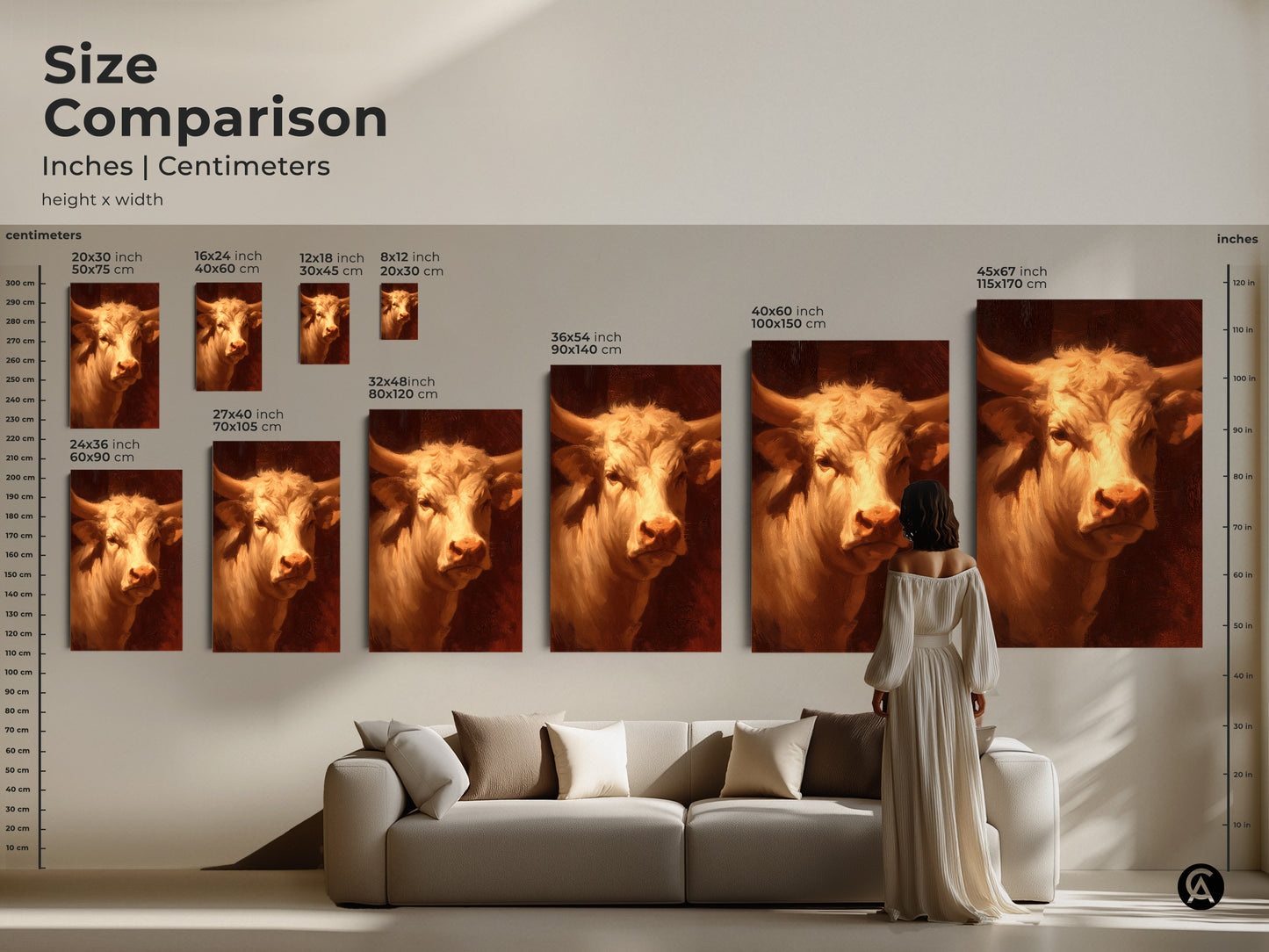 Compare sizes of the bull artwork. See how the artwork transforms in different dimensions. This artwork is available in various sizes. Find the perfect size for your space. This is available in canvas and poster prints.