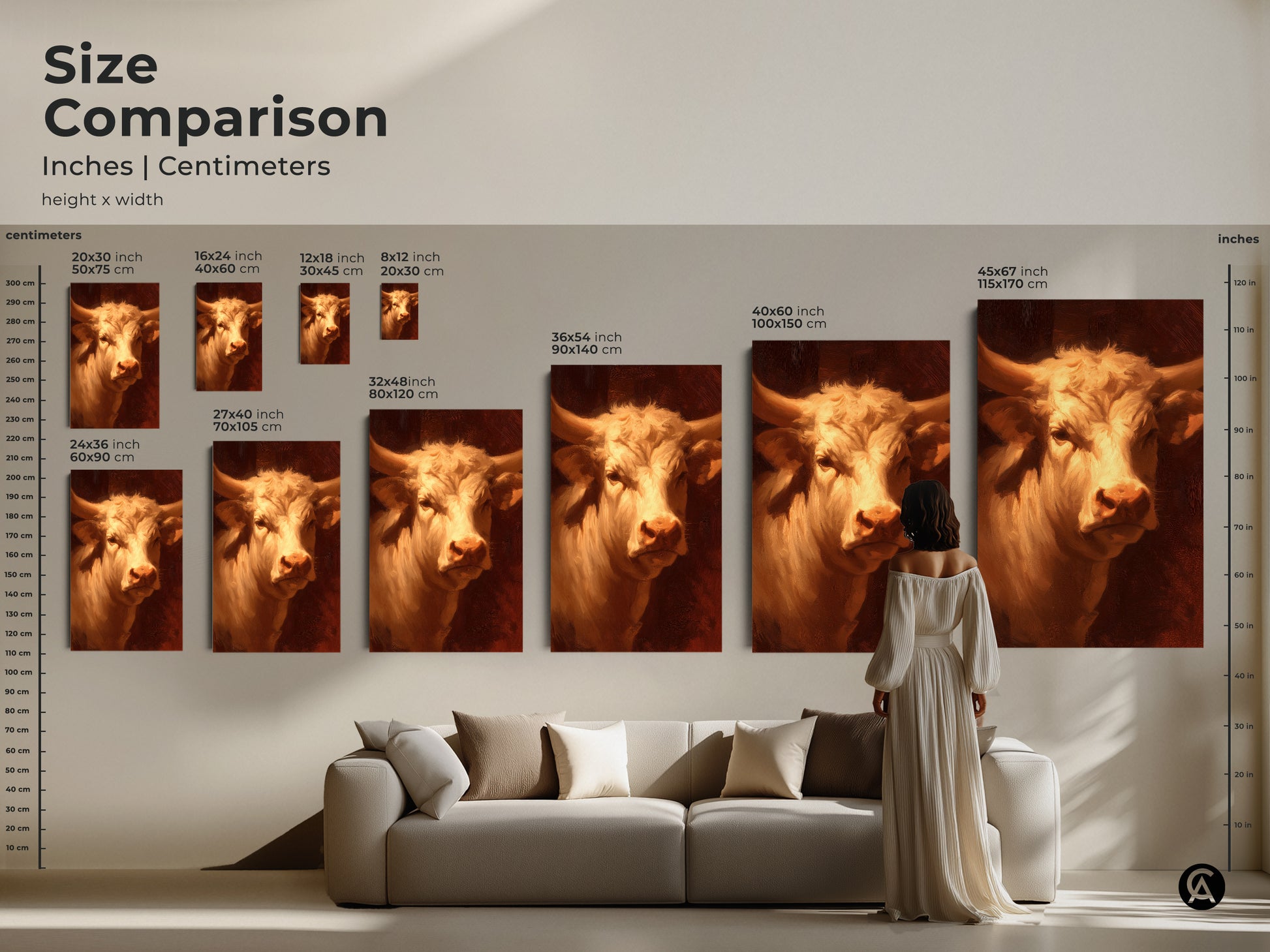 Compare sizes of the bull artwork. See how the artwork transforms in different dimensions. This artwork is available in various sizes. Find the perfect size for your space. This is available in canvas and poster prints.