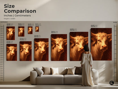 Compare sizes of the bull artwork. See how the artwork transforms in different dimensions. This artwork is available in various sizes. Find the perfect size for your space. This is available in canvas and poster prints.