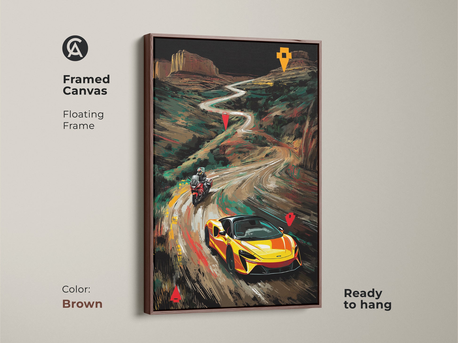 Framed canvas with a brown frame featuring a yellow sports car and motorcycle. This floating frame enhances the road trip artwork making it ready to hang. Ideal for car enthusiasts this modern office artwork adds a vibrant touch. Its a great gift of car and bike art.