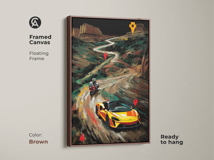 Framed canvas with a brown frame featuring a yellow sports car and motorcycle. This floating frame enhances the road trip artwork making it ready to hang. Ideal for car enthusiasts this modern office artwork adds a vibrant touch. Its a great gift of car and bike art.
