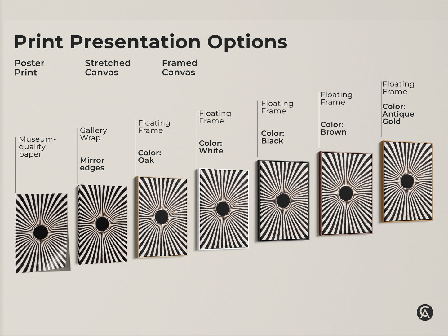 This shows print presentation options for abstract sunburst artwork. Options include poster print stretched canvas and framed canvas. Frames are available in black brown antique gold and white. Perfect for mid-century modern and minimalist decor styles. Choose the perfect presentation for your geometric radial art today.