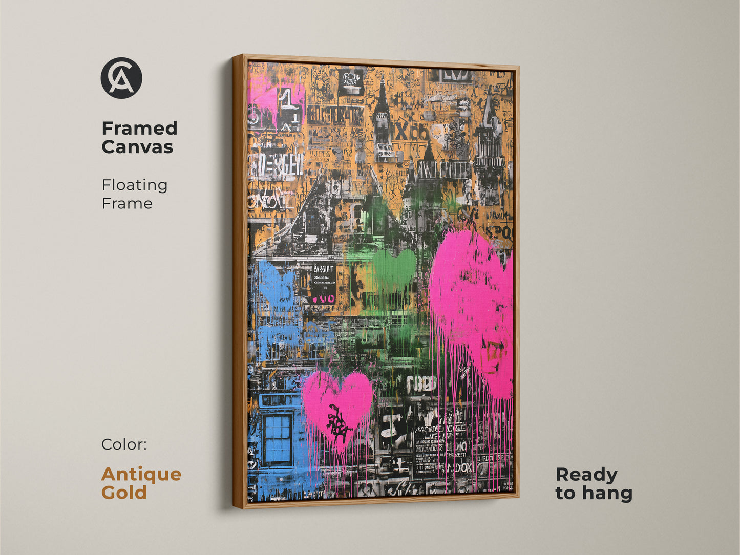Framed abstract cityscape canvas art in an antique gold floating frame. Graffiti heart artwork features pink orange and green. Ready to hang this eclectic wall decor adds style to any home. A perfect art gift for those who love urban themes.