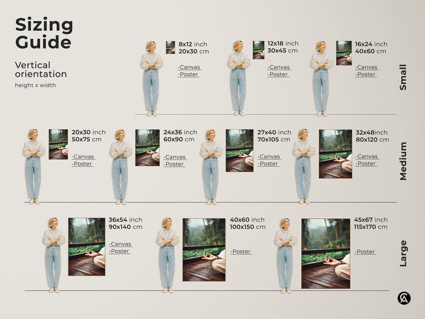 Sizing guide for vertical meditation artwork. Available in small medium and large sizes. Options available for canvas and poster prints. Find the perfect fit for your space. From 8x12 to 45x67 inches. Perfect boho meditation wall art.