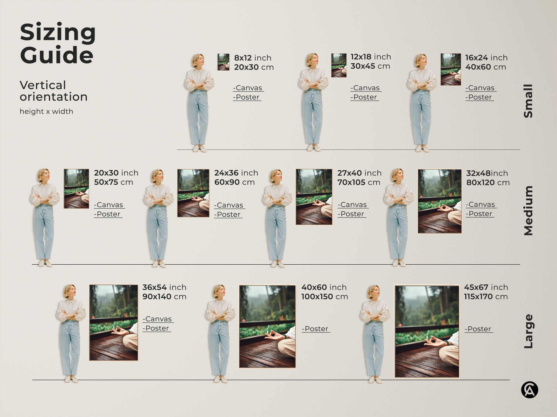 Sizing guide for vertical meditation artwork. Available in small medium and large sizes. Options available for canvas and poster prints. Find the perfect fit for your space. From 8x12 to 45x67 inches. Perfect boho meditation wall art.