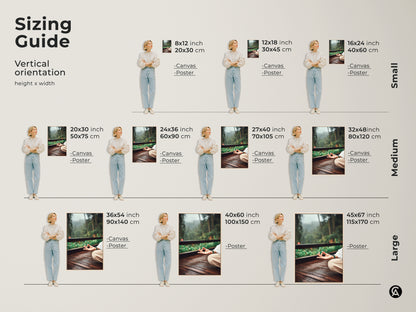 Sizing guide for vertical meditation artwork. Available in small medium and large sizes. Options available for canvas and poster prints. Find the perfect fit for your space. From 8x12 to 45x67 inches. Perfect boho meditation wall art.