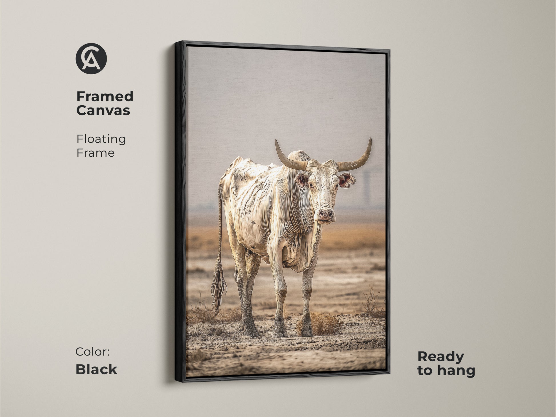 This framed canvas art features a floating black frame. The cream and brown bull is ready to hang. A bull portrait wall art enhances any space. The rustic cow wall decor is perfect for farmhouse decor. It's a stunning western cattle canvas.