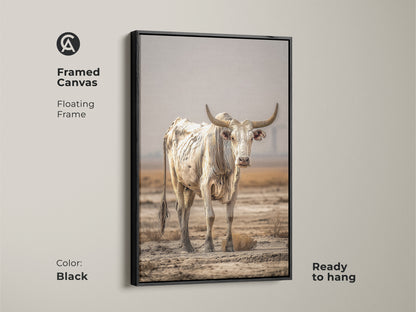 This framed canvas art features a floating black frame. The cream and brown bull is ready to hang. A bull portrait wall art enhances any space. The rustic cow wall decor is perfect for farmhouse decor. It's a stunning western cattle canvas.