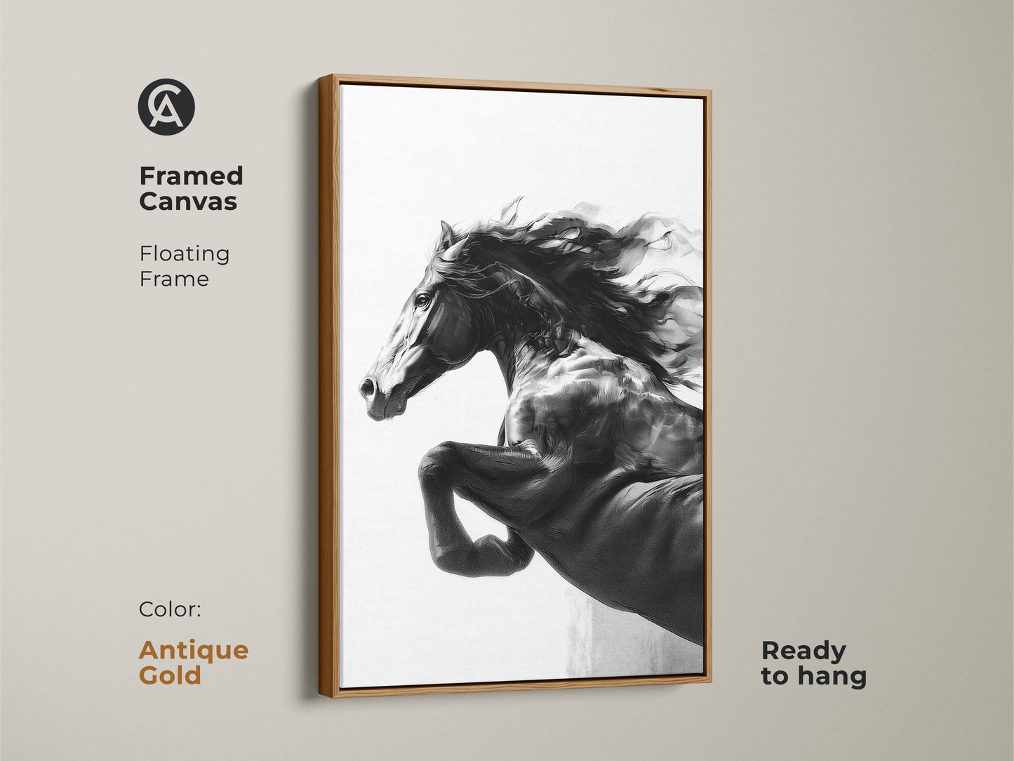 Framed monochrome horse art on canvas with an antique gold floating frame. The black and white stallion wall decor is ready to hang. Contemporary animal art for home decor. It makes a thoughtful horse lover gift. A modern wildlife print.