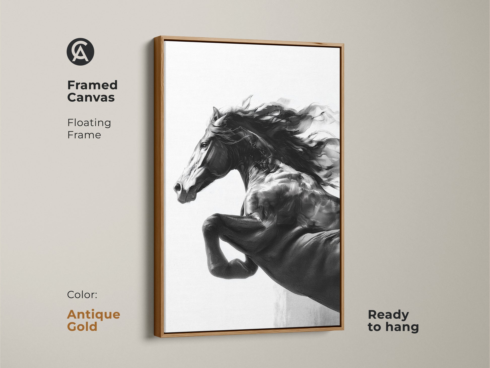 Framed monochrome horse art on canvas with an antique gold floating frame. The black and white stallion wall decor is ready to hang. Contemporary animal art for home decor. It makes a thoughtful horse lover gift. A modern wildlife print.