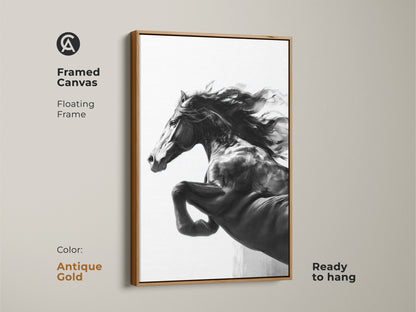 Framed monochrome horse art on canvas with an antique gold floating frame. The black and white stallion wall decor is ready to hang. Contemporary animal art for home decor. It makes a thoughtful horse lover gift. A modern wildlife print.