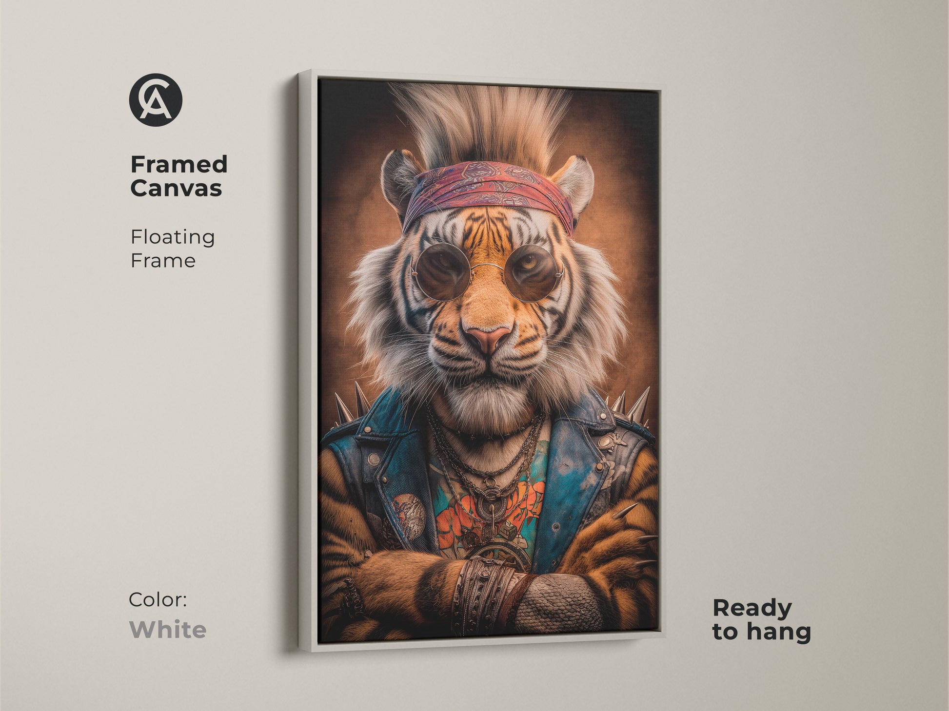 Framed canvas rockstar tiger art with a white floating frame. This urban style artwork offers a cool retro vibe for any room. The eclectic orange and blue wall art is perfect for a man cave. A unique gift for rock music lovers seeking a bold statement piece.