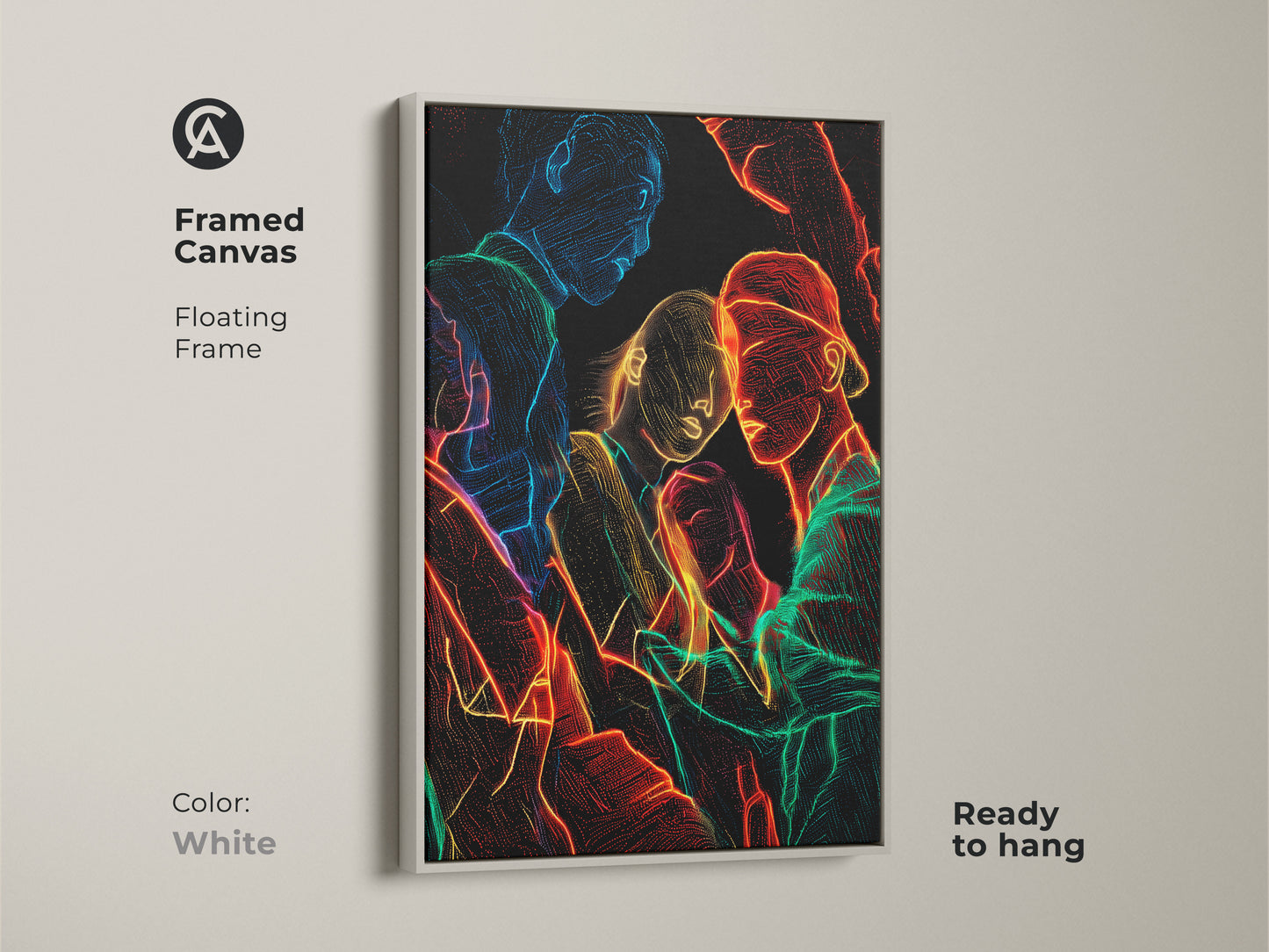 Framed canvas with a floating white frame featuring neon line art. The contemporary group portrait showcases abstract figurative people artwork. Red blue and green neon glow creates a modern edgy look that is ready to hang for stylish home decor.