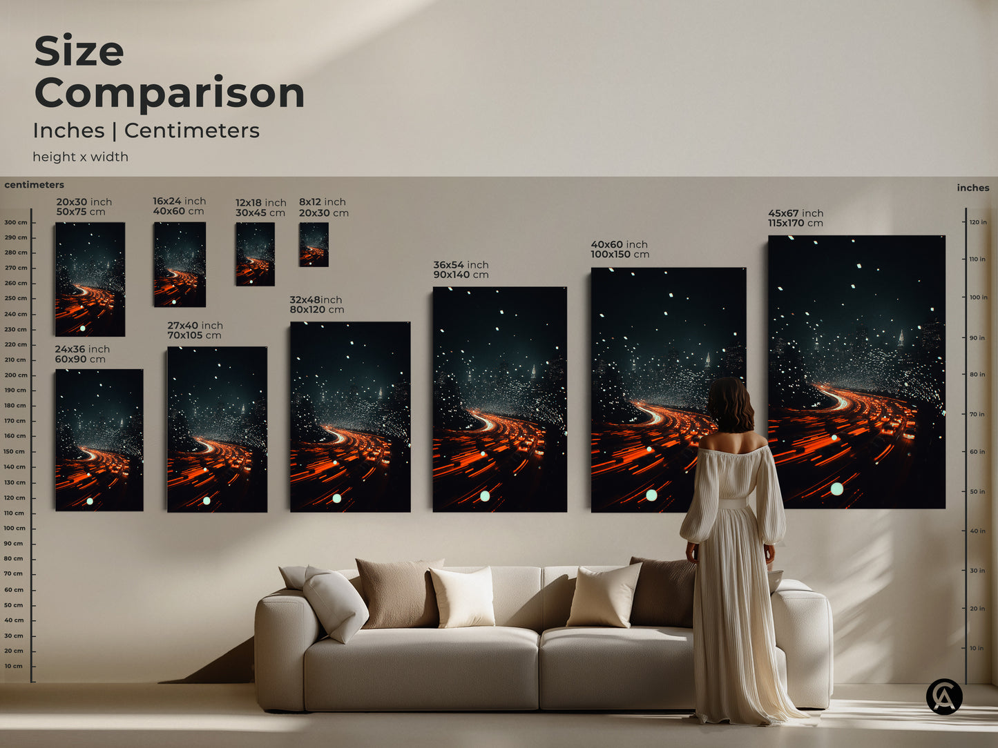 Size Comparison features inches and centimeters for the Cityscape Canvas Art. Sizes vary to fit any space. It makes a thoughtful housewarming gift. The modern art print night brings the city's energy indoors.
