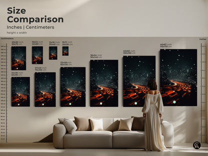 Size Comparison features inches and centimeters for the Cityscape Canvas Art. Sizes vary to fit any space. It makes a thoughtful housewarming gift. The modern art print night brings the city's energy indoors.