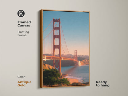 Antique Gold framed canvas of the Golden Gate Bridge. This San Francisco cityscape print includes a coastal ocean view. Ready to hang travel photography decor enhances any room. The red bridge artwork shows a Bay Area landscape.