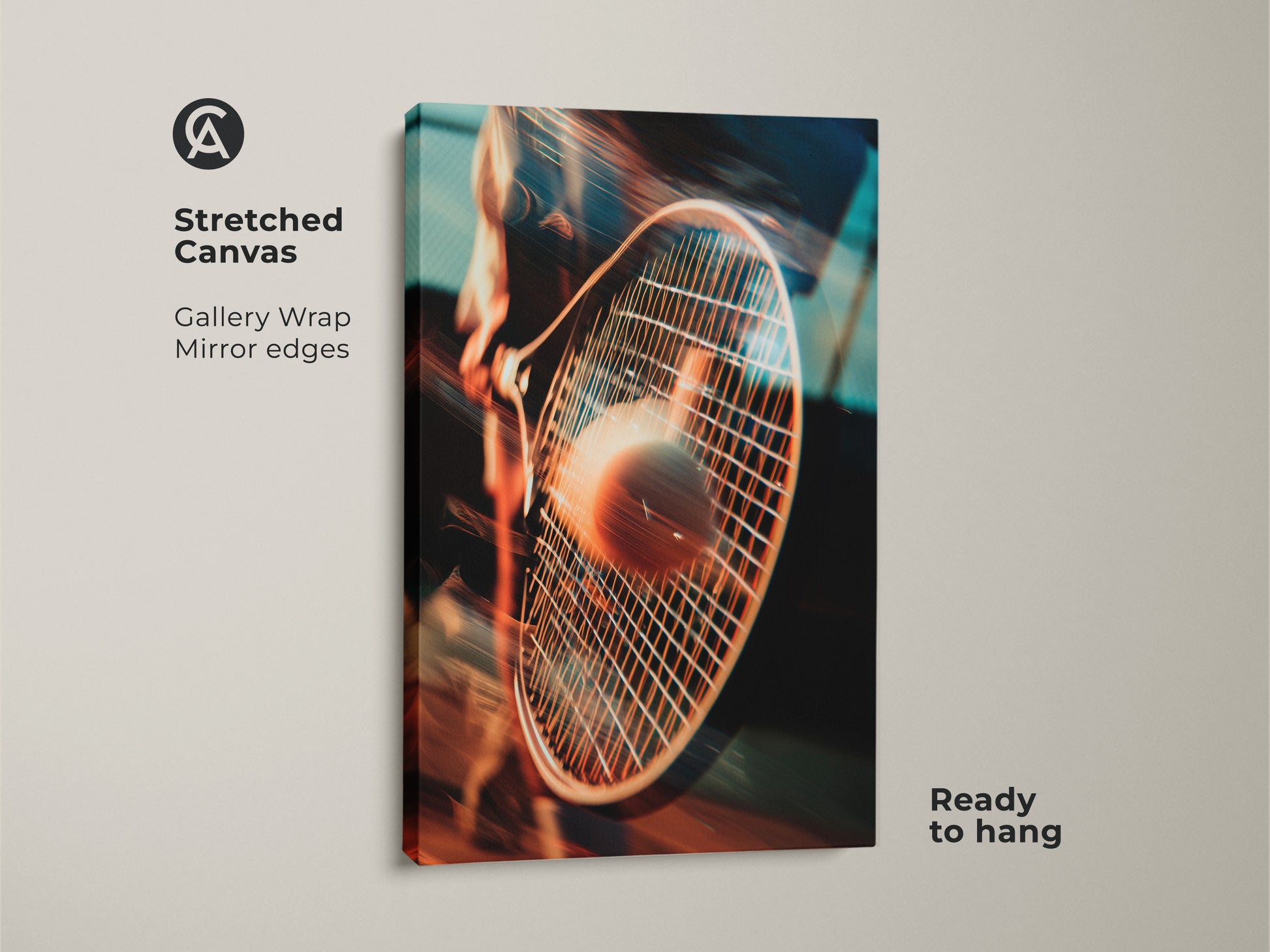 A stretched canvas featuring a tennis racket hitting a ball. This gallery-wrapped canvas art has mirrored edges. It arrives ready to hang adding a sporty touch to your wall decor collection.
