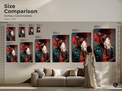 Size comparison showcasing a surreal elephant playing guitar canvas print. Visualize this punk rock artwork in various dimensions. See this eclectic animal art against a sofa for wall decor inspiration.