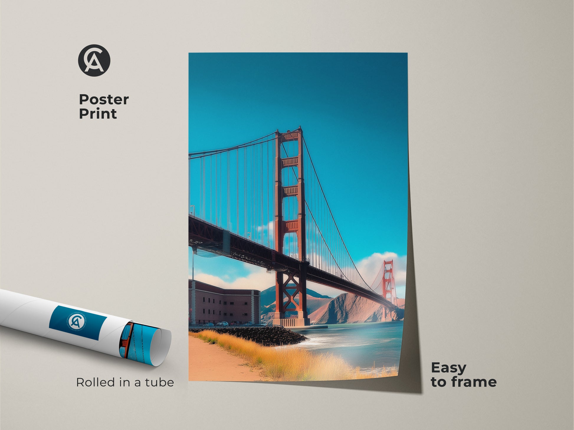 Poster print of the Golden Gate Bridge San Francisco. Easy to frame this museum-quality paper artwork captures the city skyline. Ideal as contemporary wall decor and a travel gift.