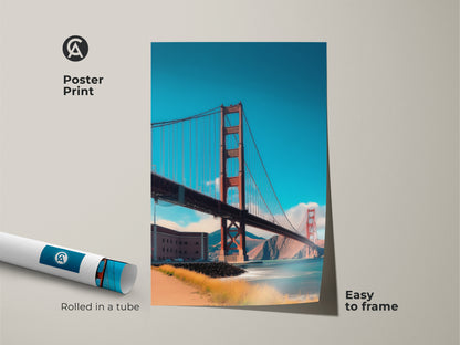 Poster print of the Golden Gate Bridge San Francisco. Easy to frame this museum-quality paper artwork captures the city skyline. Ideal as contemporary wall decor and a travel gift.