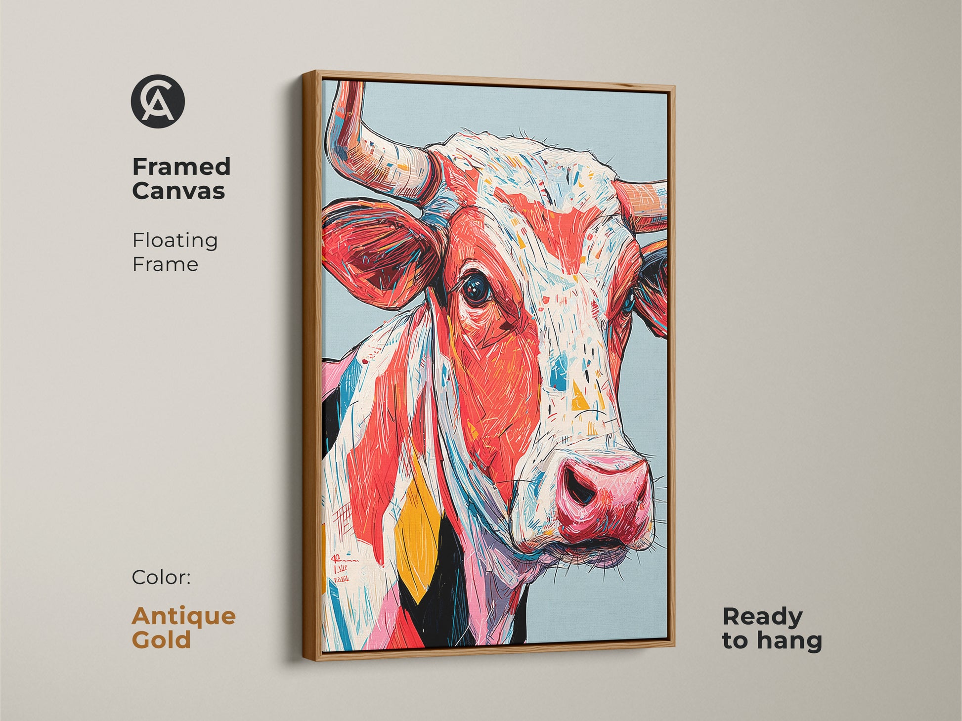 Framed canvas print of a colorful cow artwork with an antique gold floating frame. This ready-to-hang art adds elegance. The framed art enhances the vibrant colors. A stylish choice for your home decor.