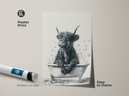 Poster print of a Highland cow in a tub. This black and white sketch is easy to frame. It makes a great addition to your farmhouse decor. This quirky bathroom art adds a touch of whimsy. Perfect as a gift for farmer husband. A unique animal portrait print.