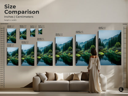 Size comparison of nature artwork in inches and centimeters. See how various sizes of forest lake canvas prints look above a sofa. Choose the ideal dimensions for your living room decor.