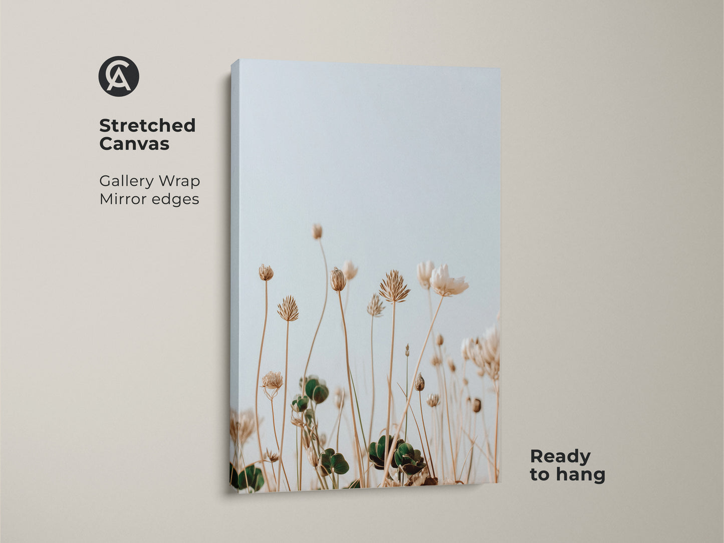 Stretched canvas featuring minimalist wildflower art. A boho botanical canvas adds neutral charm to any room. Cream floral art creates a serene atmosphere. Light blue wildflowers enhance nature wall art. Perfect as a housewarming gift for plant lovers. This gallery-wrapped artwork is ready to hang.
