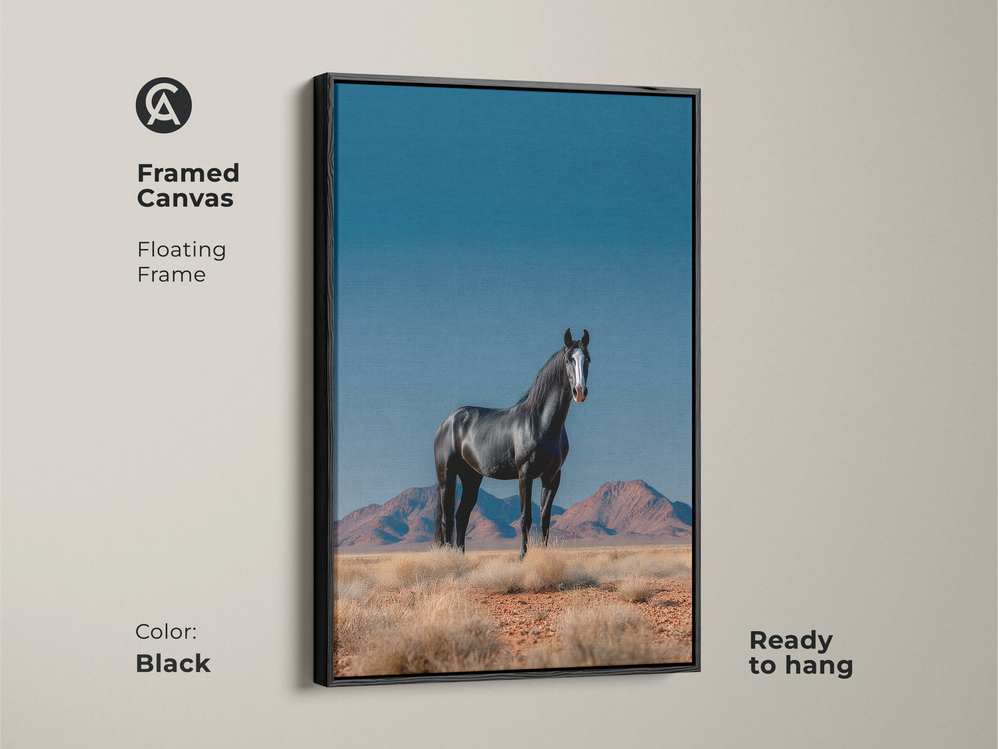 Framed canvas featuring a photorealistic black horse in a desert landscape. This ready-to-hang wildlife artwork adds elegance to any room. The black floating frame complements modern farmhouse decor. Perfect for a horse lover's gift.