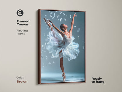 Brown framed canvas of a ballerina. A ballerina in a white tutu strikes a graceful pose. The floating frame complements this captivating artwork. Ready to hang this framed canvas art. It brings the beauty of ballet to your walls.